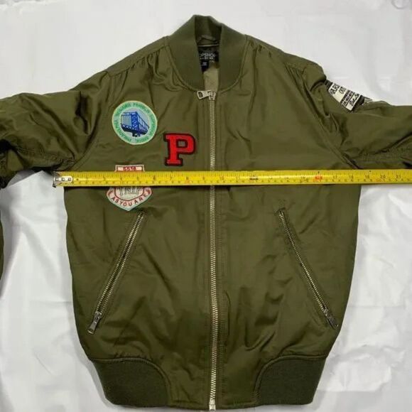 TopShop Bomber Jacket - Army Olive Green with Moto Patches Women's Size US 4 - Picture 7 of 10